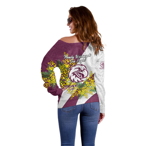 Manly Warringah Sea Eagles Off Shoulder Sweater Golden Wattle Floral Polynesian - Australian Flower - Rugby Mascot