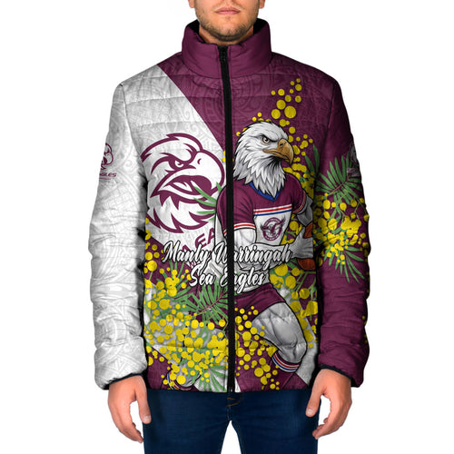 Manly Warringah Sea Eagles Padded Jacket Golden Wattle Floral Polynesian - Australian Flower - Rugby Mascot