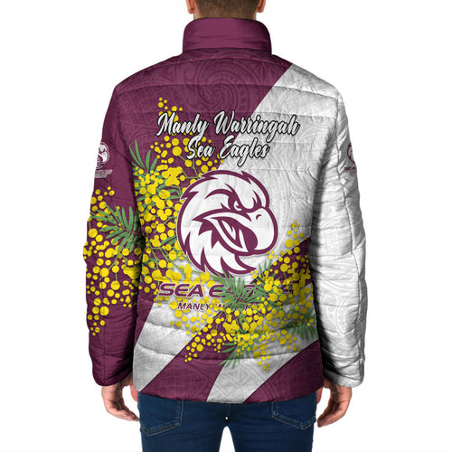 Manly Warringah Sea Eagles Padded Jacket Golden Wattle Floral Polynesian - Australian Flower - Rugby Mascot