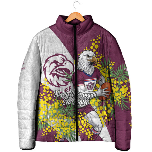 Manly Warringah Sea Eagles Padded Jacket Golden Wattle Floral Polynesian - Australian Flower - Rugby Mascot