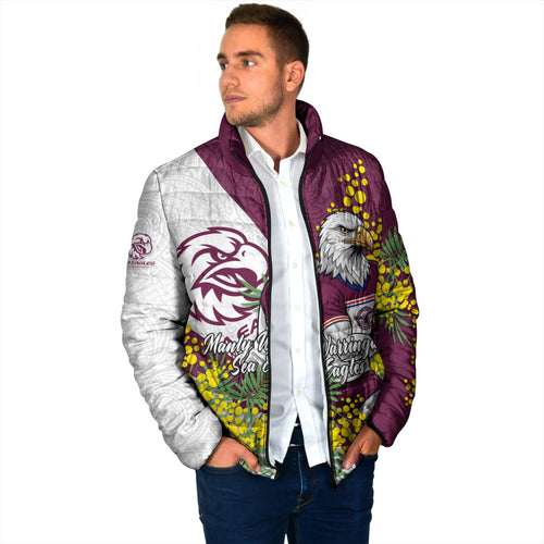 Manly Warringah Sea Eagles Padded Jacket Golden Wattle Floral Polynesian - Australian Flower - Rugby Mascot