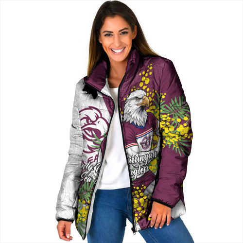 Manly Warringah Sea Eagles Padded Jacket Golden Wattle Floral Polynesian - Australian Flower - Rugby Mascot