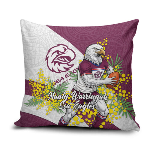 Manly Warringah Sea Eagles Pillow Cover Golden Wattle Floral Polynesian - Australian Flower - Rugby Mascot