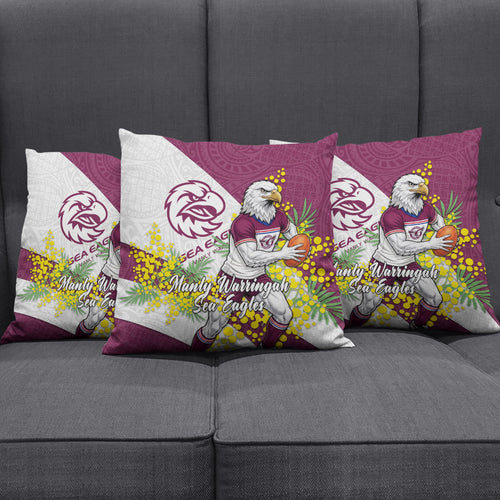 Manly Warringah Sea Eagles Pillow Cover Golden Wattle Floral Polynesian - Australian Flower - Rugby Mascot