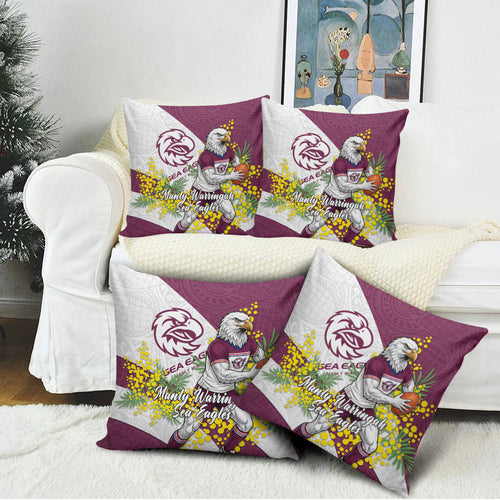 Manly Warringah Sea Eagles Pillow Cover Golden Wattle Floral Polynesian - Australian Flower - Rugby Mascot