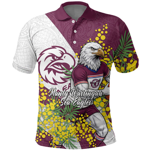 Manly Warringah Sea Eagles Polo Shirt Golden Wattle Floral Polynesian - Australian Flower - Rugby Mascot