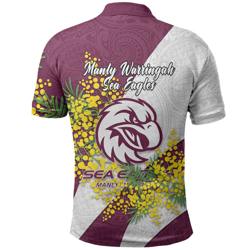 Manly Warringah Sea Eagles Polo Shirt Golden Wattle Floral Polynesian - Australian Flower - Rugby Mascot
