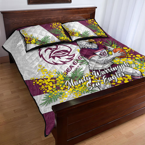 Manly Warringah Sea Eagles Quilt Bed Set Golden Wattle Floral Polynesian - Australian Flower - Rugby Mascot