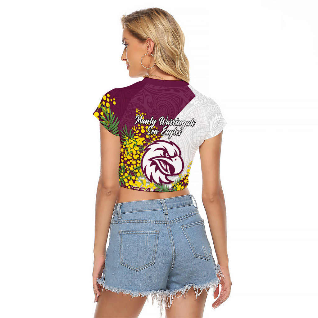 Manly Warringah Sea Eagles Raglan Cropped T Shirt Golden Wattle Floral Polynesian - Australian Flower - Rugby Mascot