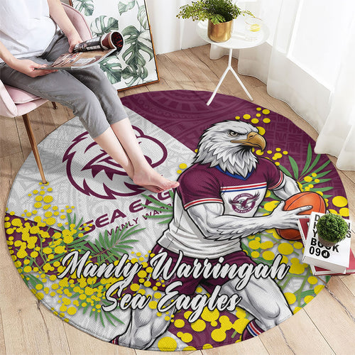 Manly Warringah Sea Eagles Round Carpet Golden Wattle Floral Polynesian - Australian Flower - Rugby Mascot