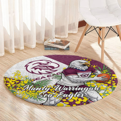 Manly Warringah Sea Eagles Round Carpet Golden Wattle Floral Polynesian - Australian Flower - Rugby Mascot