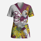 Manly Warringah Sea Eagles Scrub Top Golden Wattle Floral Polynesian - Australian Flower - Rugby Mascot