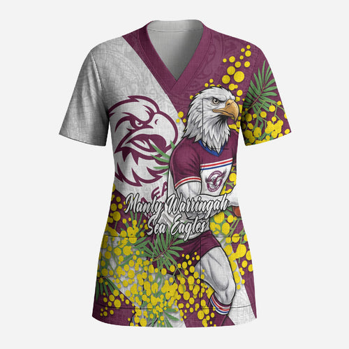 Manly Warringah Sea Eagles Scrub Top Golden Wattle Floral Polynesian - Australian Flower - Rugby Mascot