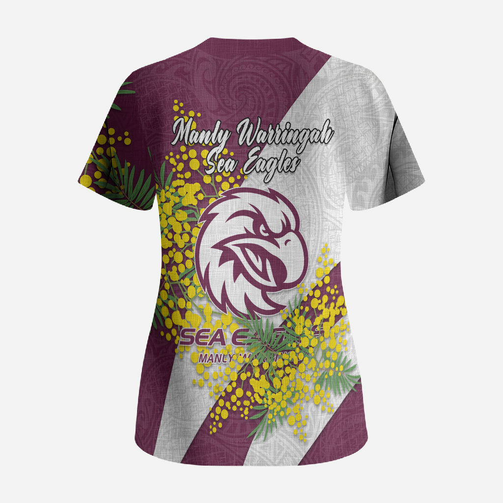 Manly Warringah Sea Eagles Scrub Top Golden Wattle Floral Polynesian - Australian Flower - Rugby Mascot
