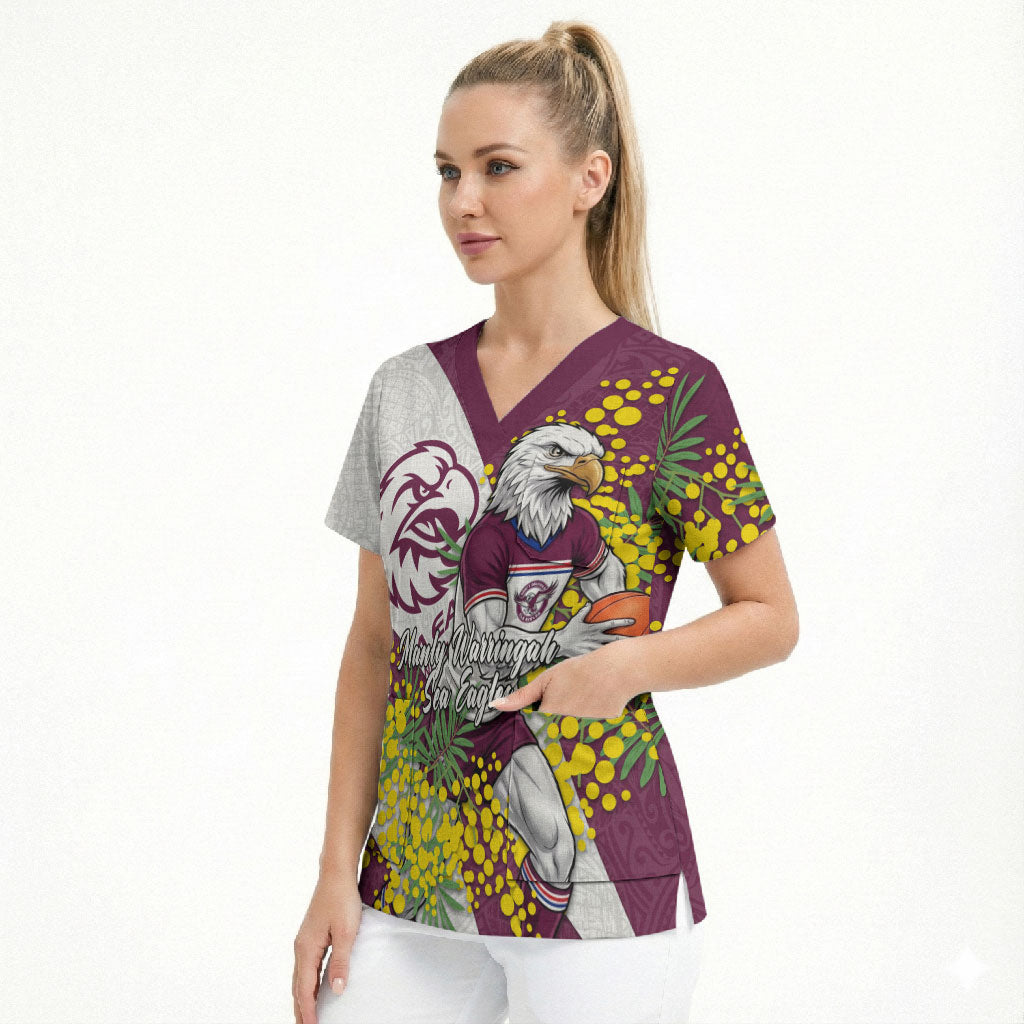 Manly Warringah Sea Eagles Scrub Top Golden Wattle Floral Polynesian - Australian Flower - Rugby Mascot
