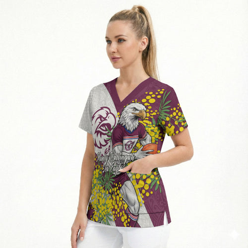 Manly Warringah Sea Eagles Scrub Top Golden Wattle Floral Polynesian - Australian Flower - Rugby Mascot