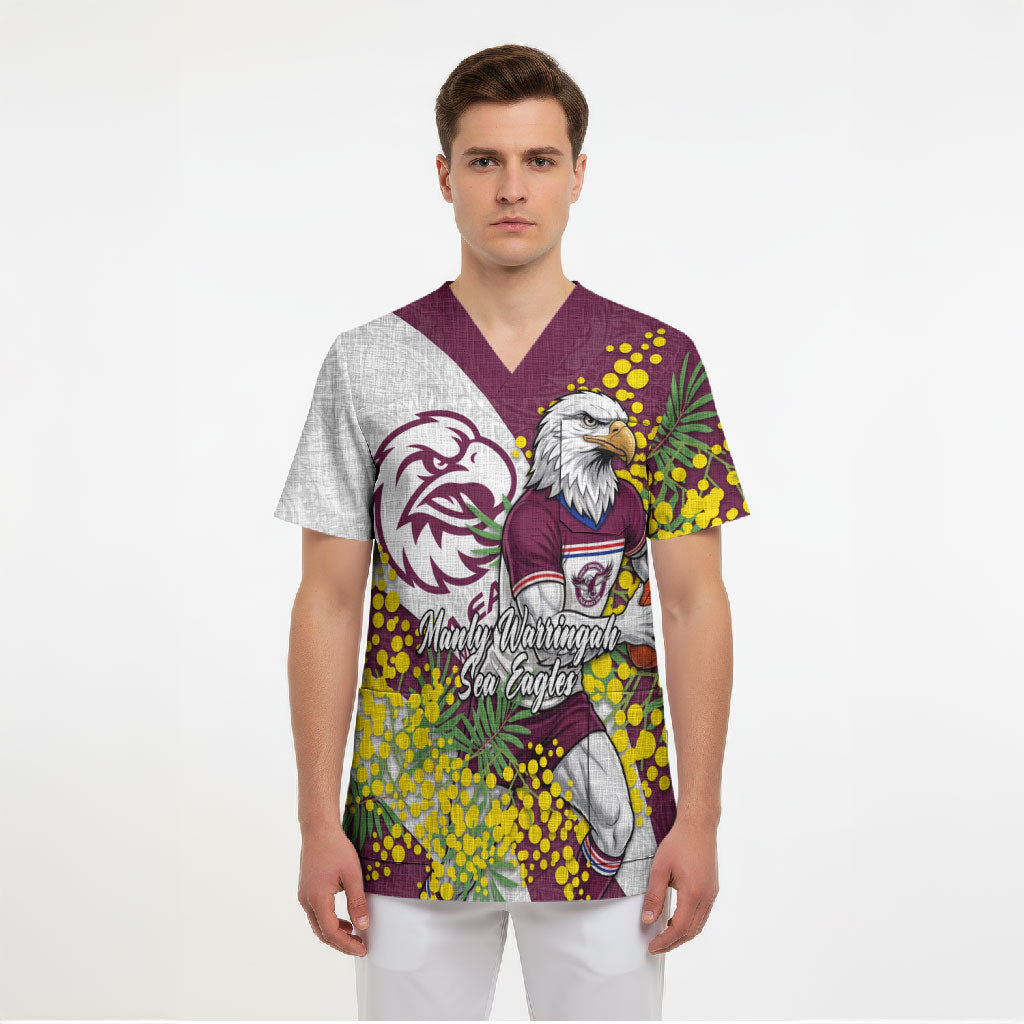 Manly Warringah Sea Eagles Scrub Top Golden Wattle Floral Polynesian - Australian Flower - Rugby Mascot