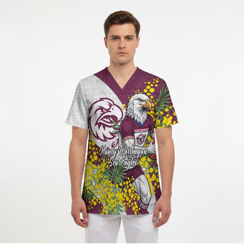 Manly Warringah Sea Eagles Scrub Top Golden Wattle Floral Polynesian - Australian Flower - Rugby Mascot
