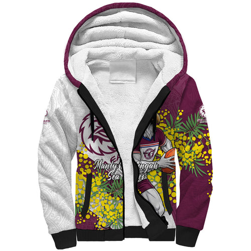 Manly Warringah Sea Eagles Sherpa Hoodie Golden Wattle Floral Polynesian - Australian Flower - Rugby Mascot