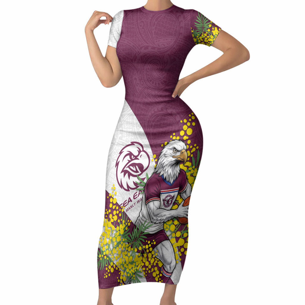Manly Warringah Sea Eagles Short Sleeve Bodycon Dress Golden Wattle Floral Polynesian - Australian Flower - Rugby Mascot