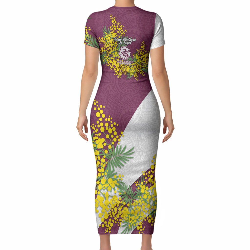 Manly Warringah Sea Eagles Short Sleeve Bodycon Dress Golden Wattle Floral Polynesian - Australian Flower - Rugby Mascot