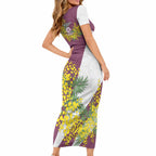 Manly Warringah Sea Eagles Short Sleeve Bodycon Dress Golden Wattle Floral Polynesian - Australian Flower - Rugby Mascot