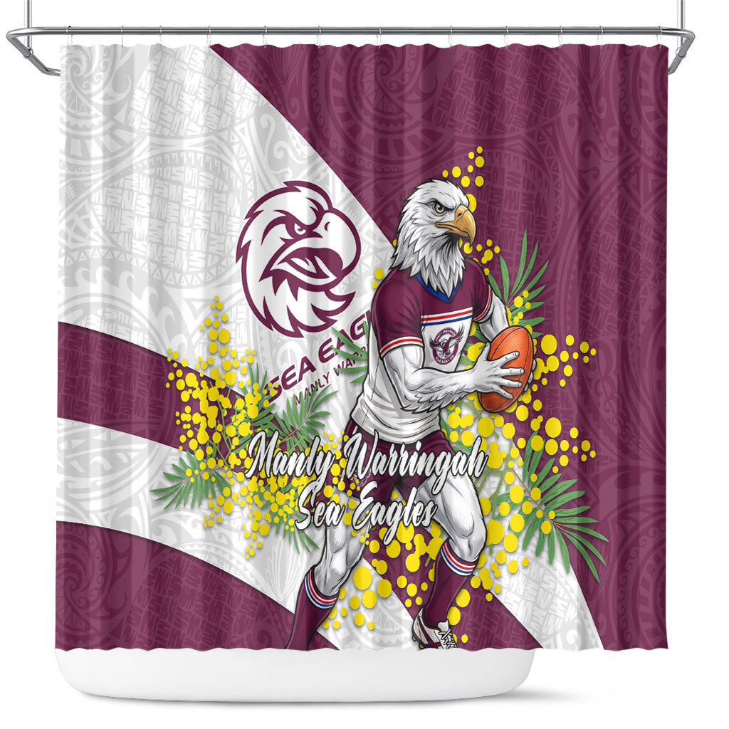 Manly Warringah Sea Eagles Shower Curtain Golden Wattle Floral Polynesian - Australian Flower - Rugby Mascot