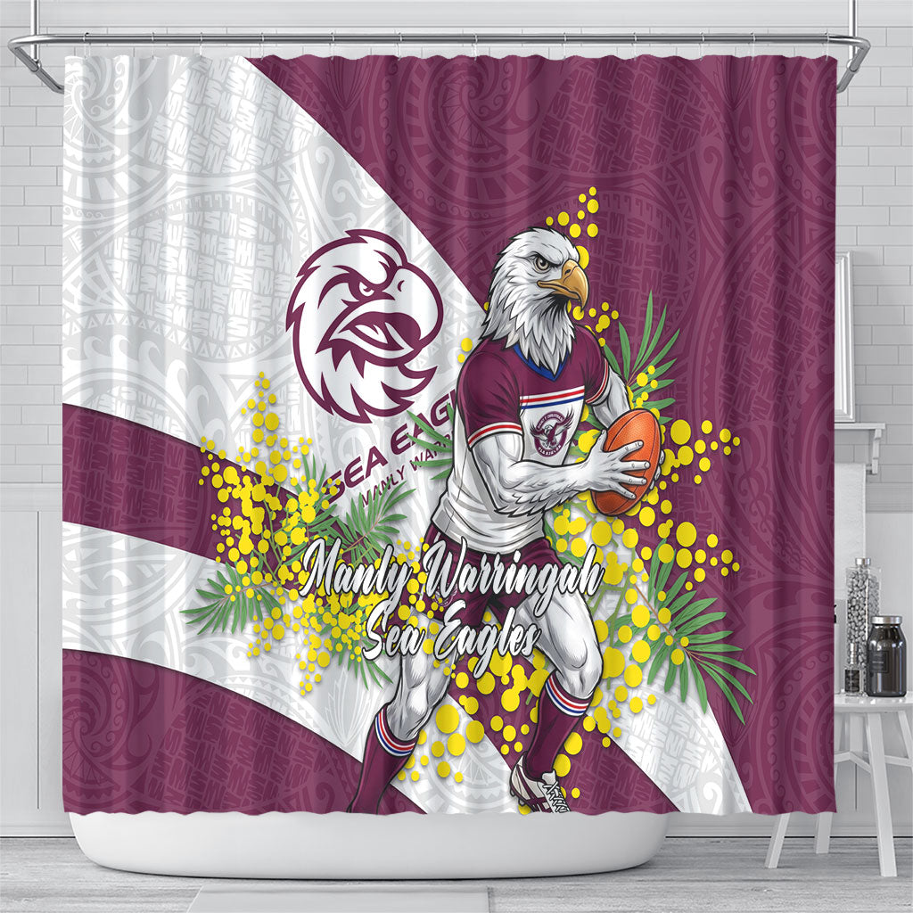 Manly Warringah Sea Eagles Shower Curtain Golden Wattle Floral Polynesian - Australian Flower - Rugby Mascot