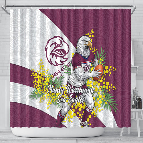 Manly Warringah Sea Eagles Shower Curtain Golden Wattle Floral Polynesian - Australian Flower - Rugby Mascot