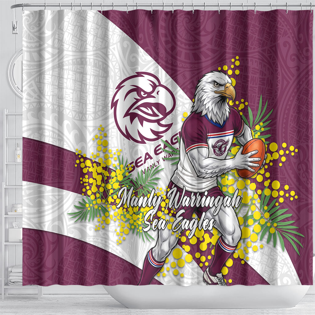 Manly Warringah Sea Eagles Shower Curtain Golden Wattle Floral Polynesian - Australian Flower - Rugby Mascot