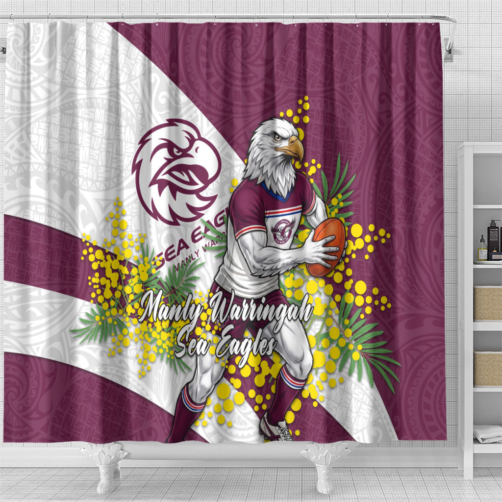 Manly Warringah Sea Eagles Shower Curtain Golden Wattle Floral Polynesian - Australian Flower - Rugby Mascot