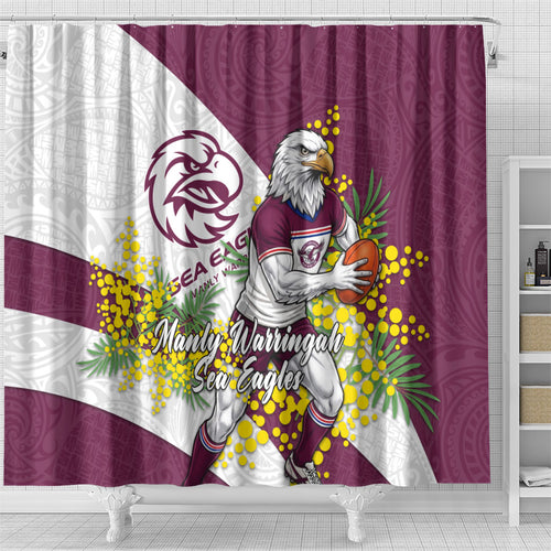 Manly Warringah Sea Eagles Shower Curtain Golden Wattle Floral Polynesian - Australian Flower - Rugby Mascot