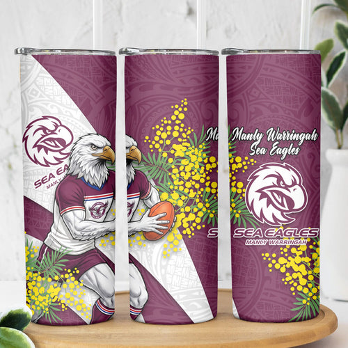 Manly Warringah Sea Eagles Skinny Tumbler Golden Wattle Floral Polynesian - Australian Flower - Rugby Mascot