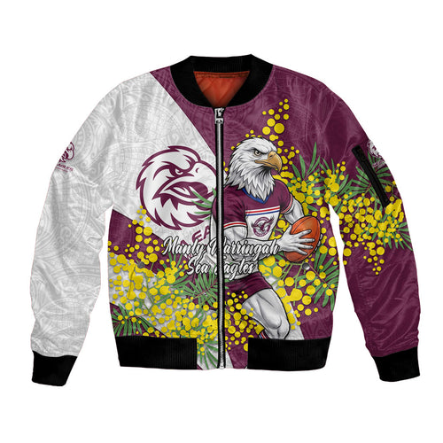 Manly Warringah Sea Eagles Sleeve Zip Bomber Jacket Golden Wattle Floral Polynesian - Australian Flower - Rugby Mascot