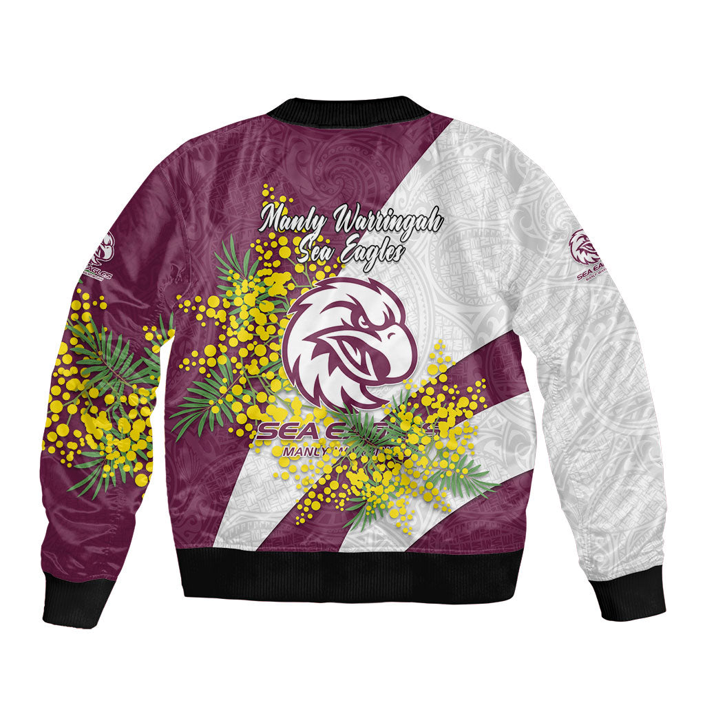 Manly Warringah Sea Eagles Sleeve Zip Bomber Jacket Golden Wattle Floral Polynesian - Australian Flower - Rugby Mascot