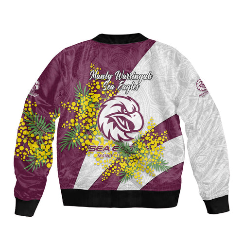 Manly Warringah Sea Eagles Sleeve Zip Bomber Jacket Golden Wattle Floral Polynesian - Australian Flower - Rugby Mascot