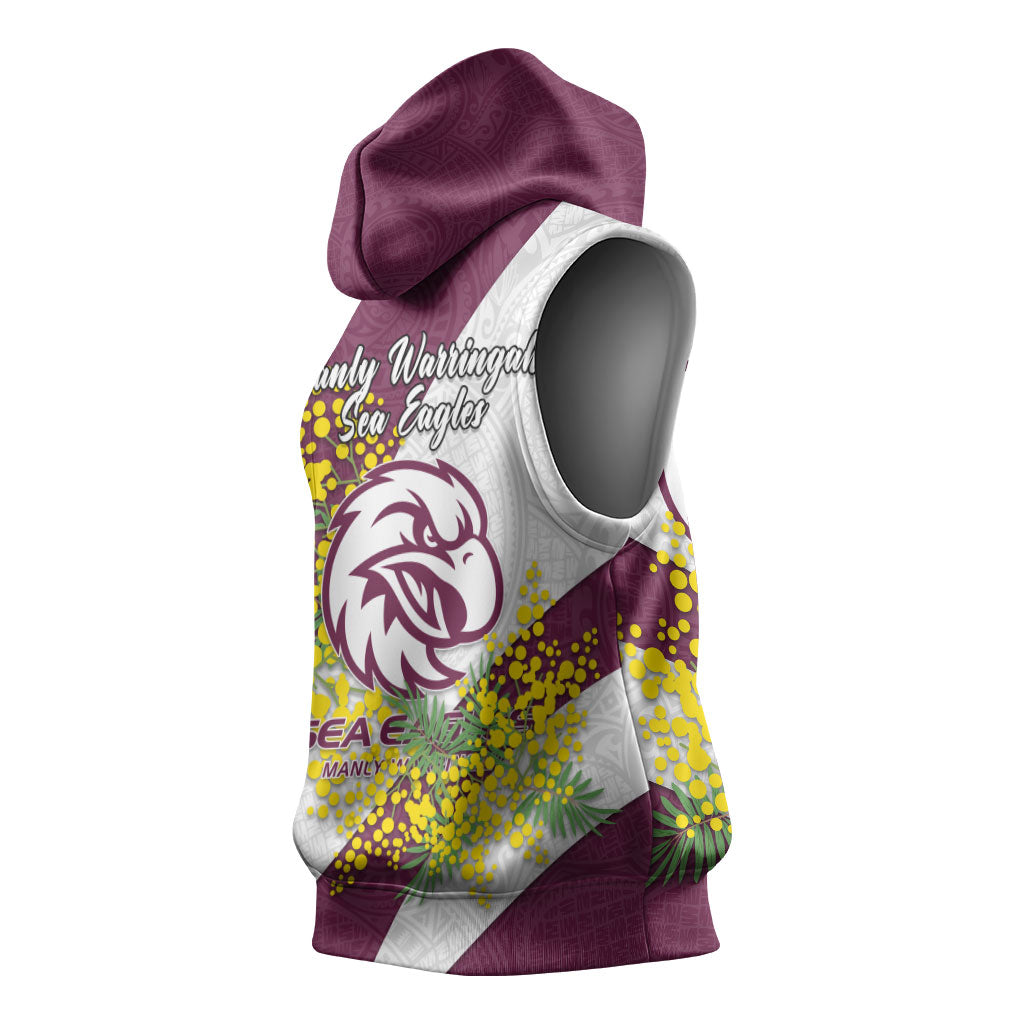 Manly Warringah Sea Eagles Sleeveless Hoodie Golden Wattle Floral Polynesian - Australian Flower - Rugby Mascot