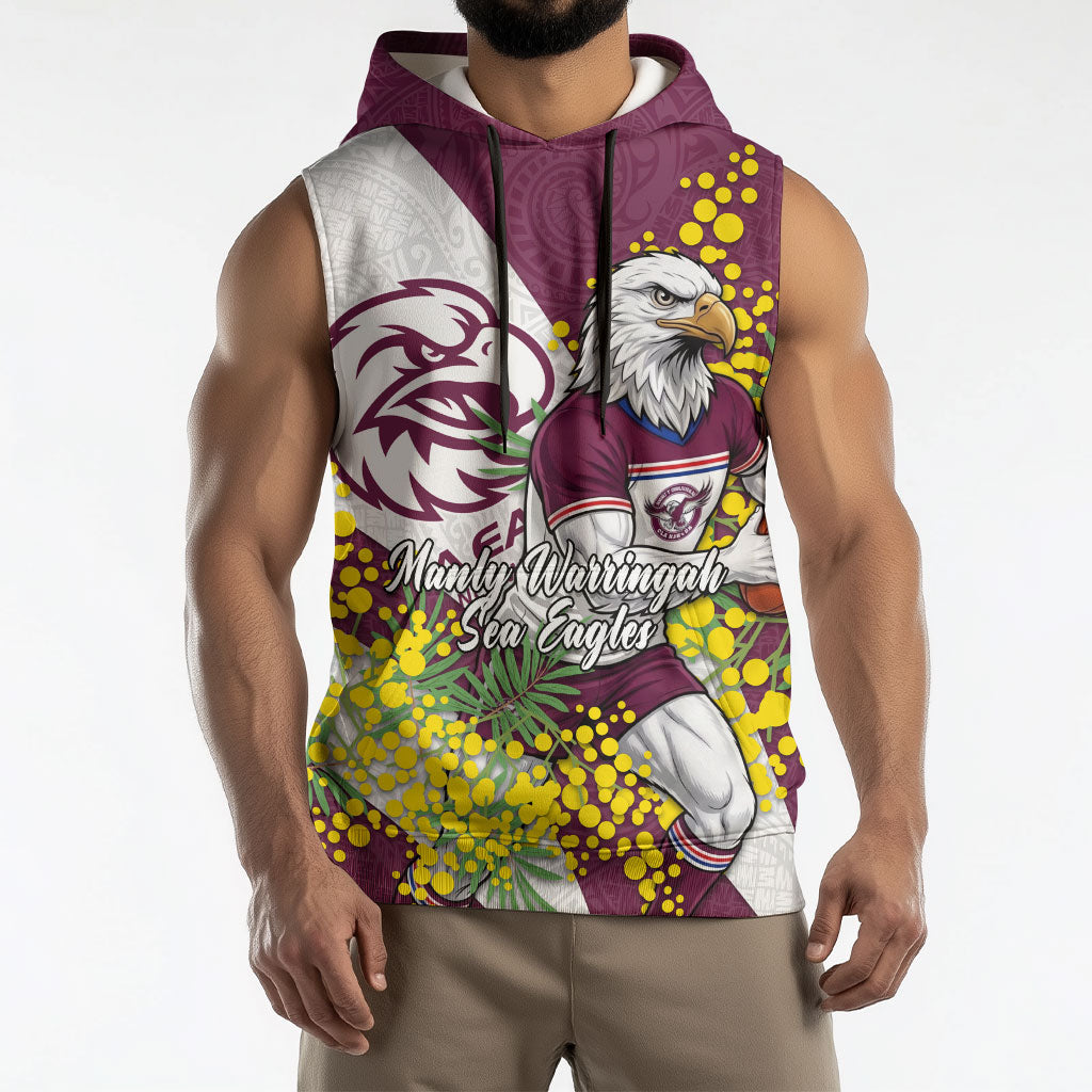 Manly Warringah Sea Eagles Sleeveless Hoodie Golden Wattle Floral Polynesian - Australian Flower - Rugby Mascot