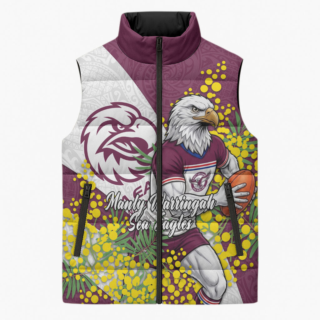 Manly Warringah Sea Eagles Sleeveless Puffer Jacket Golden Wattle Floral Polynesian - Australian Flower - Rugby Mascot