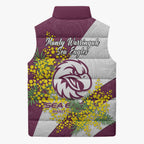 Manly Warringah Sea Eagles Sleeveless Puffer Jacket Golden Wattle Floral Polynesian - Australian Flower - Rugby Mascot