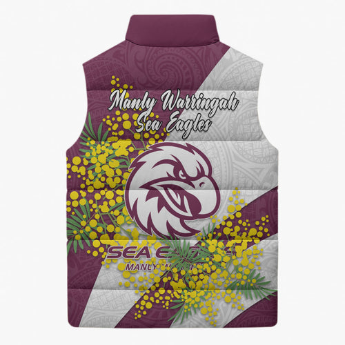 Manly Warringah Sea Eagles Sleeveless Puffer Jacket Golden Wattle Floral Polynesian - Australian Flower - Rugby Mascot
