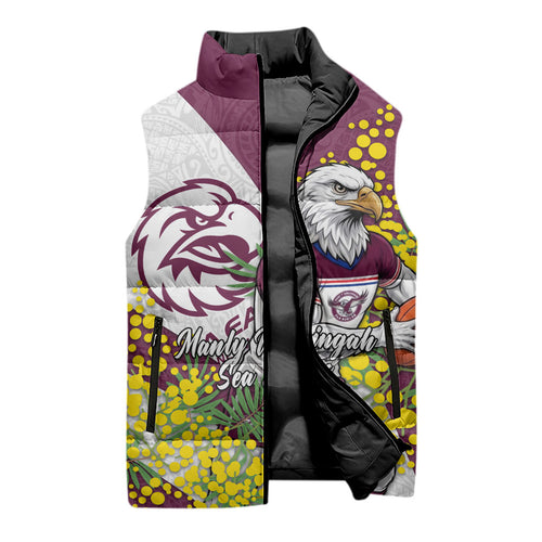 Manly Warringah Sea Eagles Sleeveless Puffer Jacket Golden Wattle Floral Polynesian - Australian Flower - Rugby Mascot