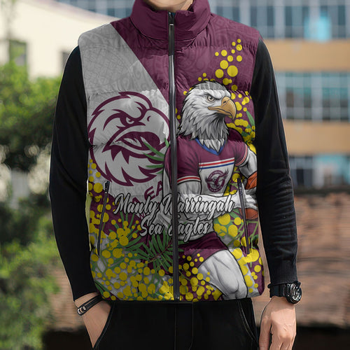Manly Warringah Sea Eagles Sleeveless Puffer Jacket Golden Wattle Floral Polynesian - Australian Flower - Rugby Mascot