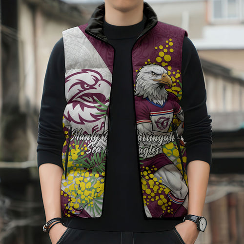 Manly Warringah Sea Eagles Sleeveless Puffer Jacket Golden Wattle Floral Polynesian - Australian Flower - Rugby Mascot