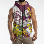 Manly Warringah Sea Eagles Sleeveless Zip Hoodie Golden Wattle Floral Polynesian - Australian Flower - Rugby Mascot