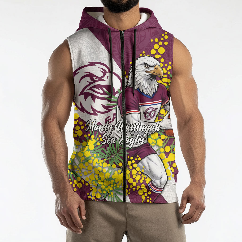 Manly Warringah Sea Eagles Sleeveless Zip Hoodie Golden Wattle Floral Polynesian - Australian Flower - Rugby Mascot