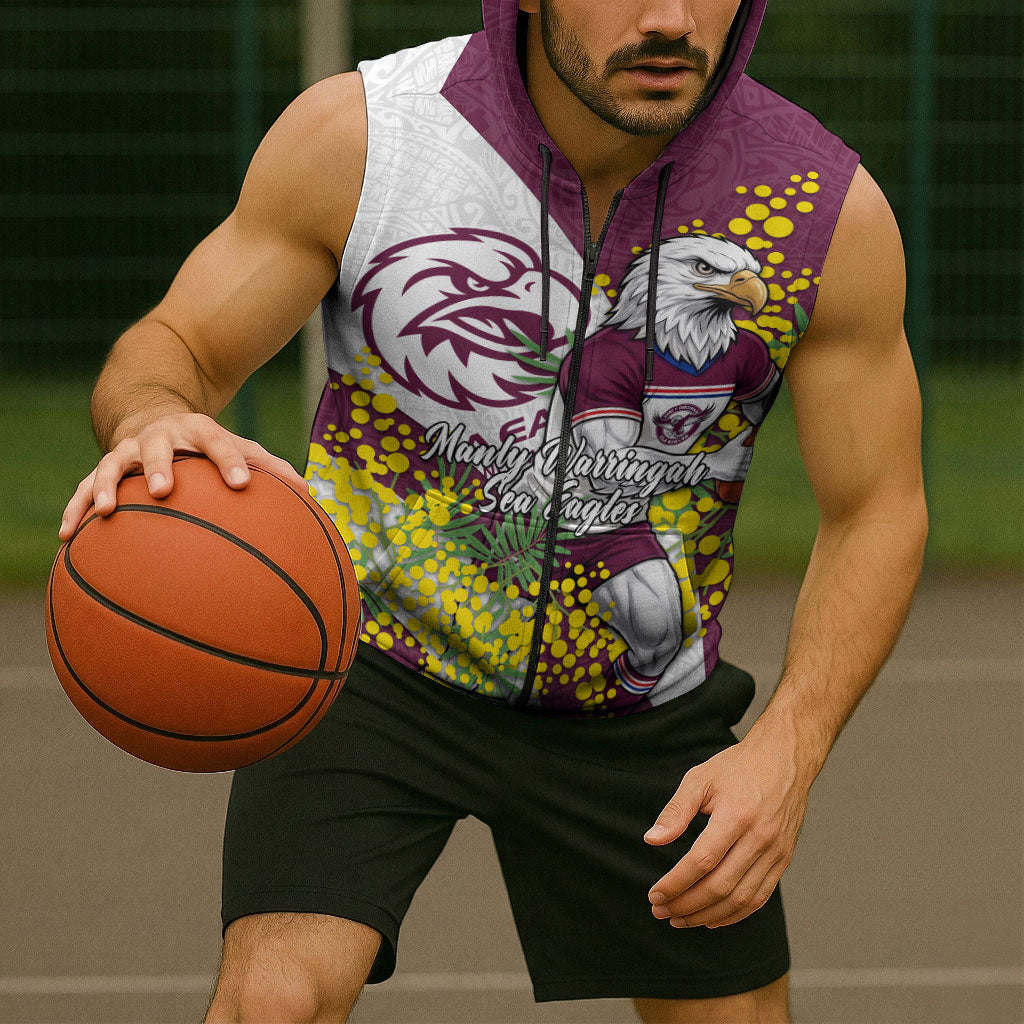 Manly Warringah Sea Eagles Sleeveless Zip Hoodie Golden Wattle Floral Polynesian - Australian Flower - Rugby Mascot