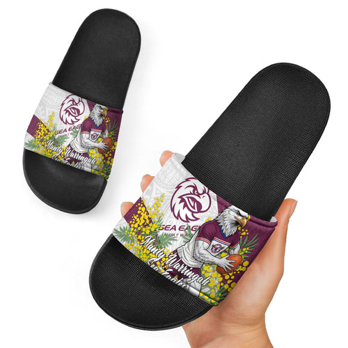 Manly Warringah Sea Eagles Slide Sandals Golden Wattle Floral Polynesian - Australian Flower - Rugby Mascot