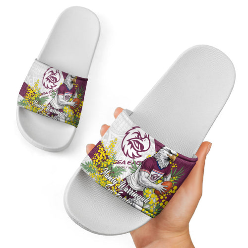 Manly Warringah Sea Eagles Slide Sandals Golden Wattle Floral Polynesian - Australian Flower - Rugby Mascot