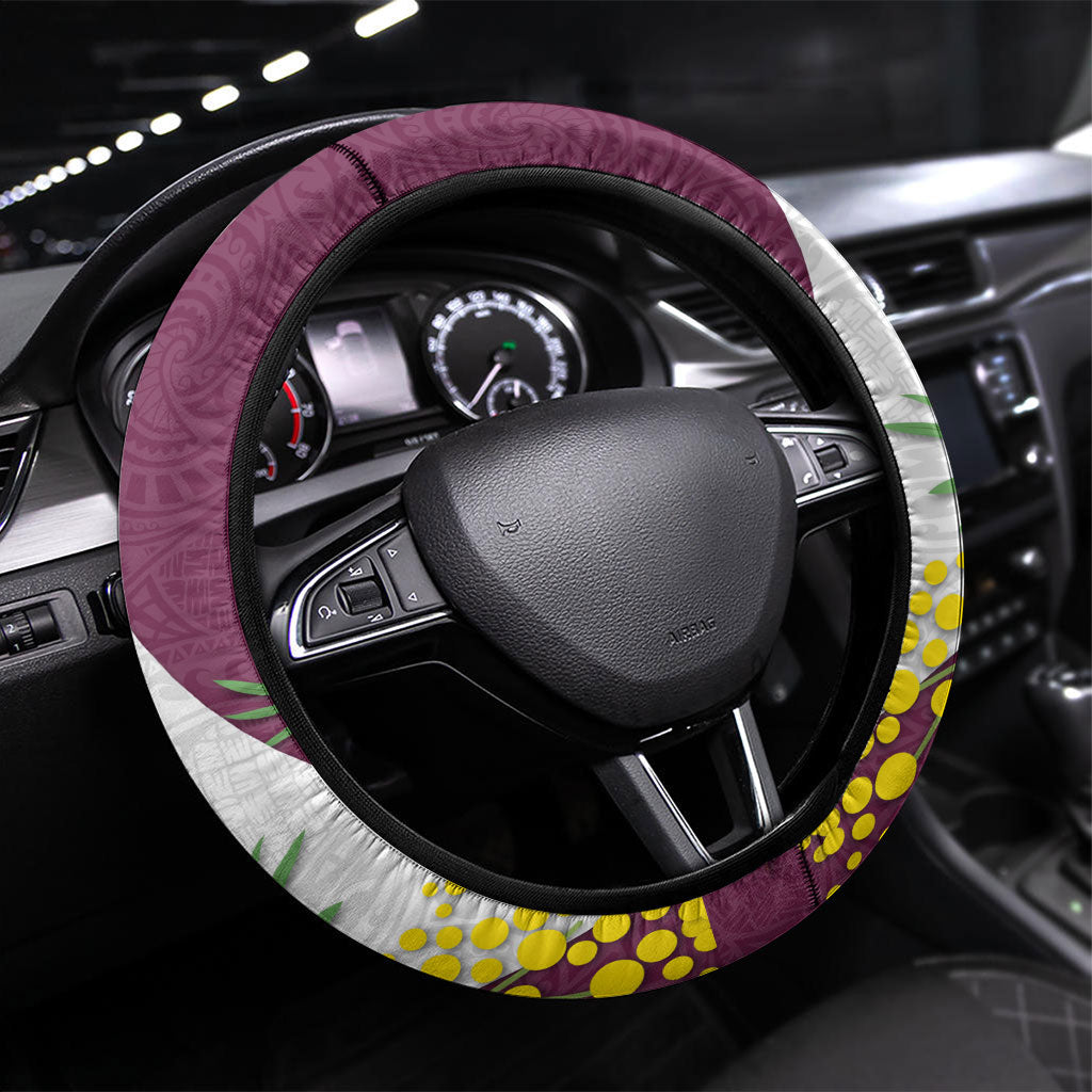 Manly Warringah Sea Eagles Steering Wheel Cover Golden Wattle Floral Polynesian - Australian Flower - Rugby Mascot